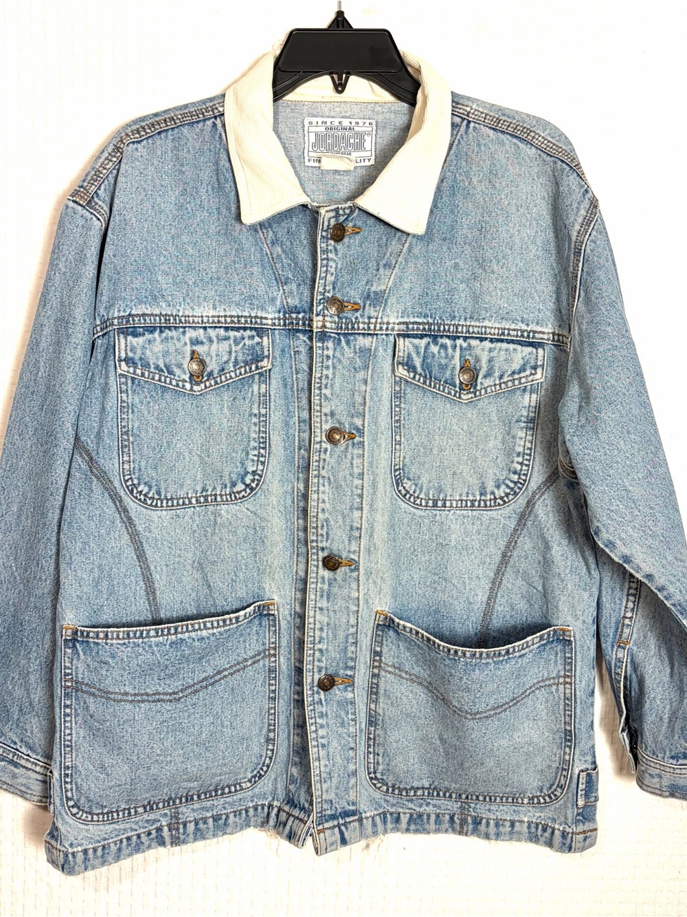 Vintage 90s Y2K Denim Barn Jacket Chore Corduroy Collar Womens M/L DISTRESSED